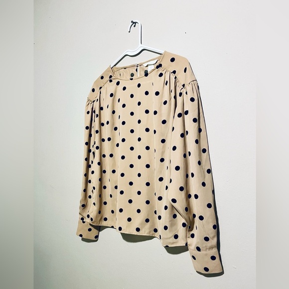 H&M Long Sleeve Blouse Sz S Tan Mocha Black Polka Dot Classic Top - Picture 3 of 6